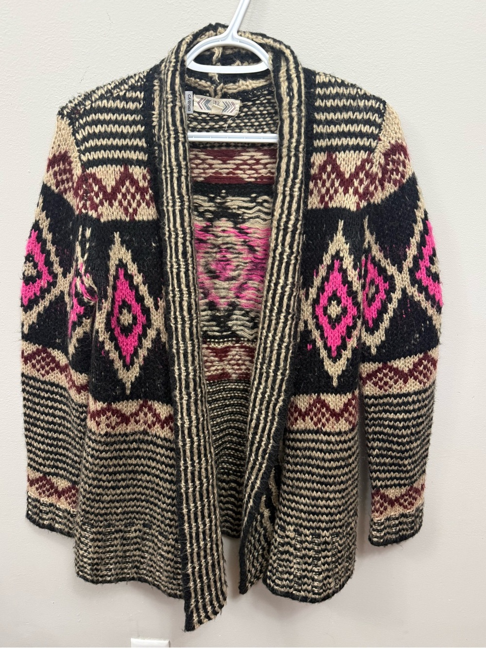 Pink Rose Open-Front Aztec Knit Cardigan - Black, Pink, Cream, Maroon Medium
